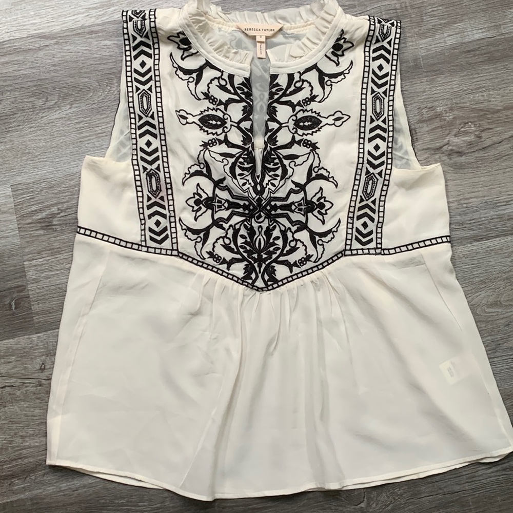 Rebecca Taylor silk off white embroidered top size 0 XS